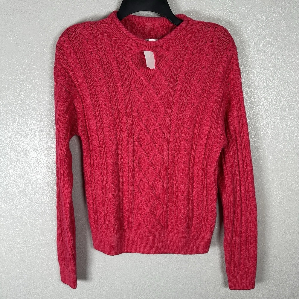 NEW J.Crew Mock Roll Neck Cable Knit Sweater Womens XS Pink Fisherman Cotton
